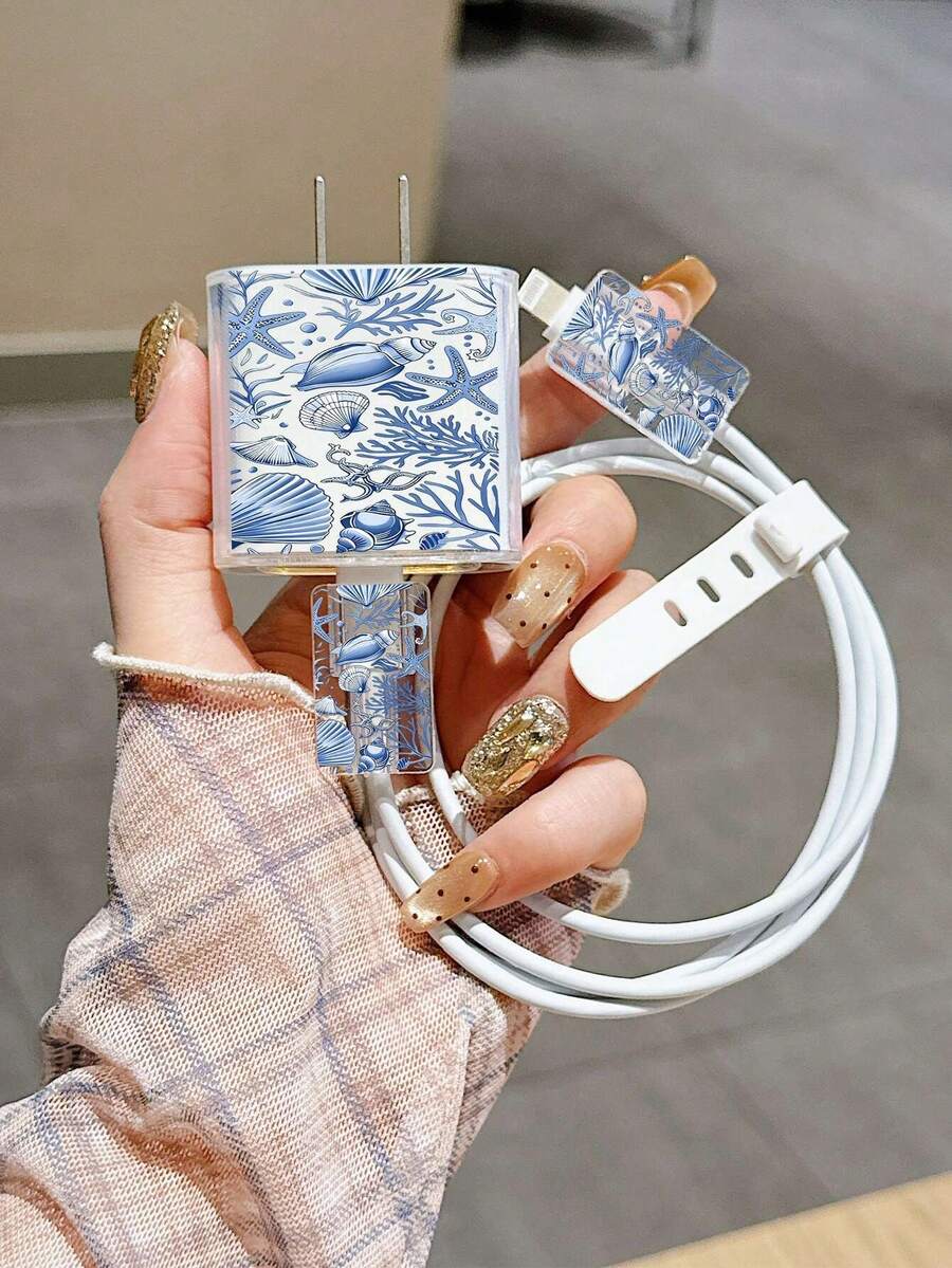 Funda protectora minimalista para cargador de Apple con patrón de océano azul y blanco, adecuada para cable de cargador de 20W 15, cable de datos de teléfono 16 Pro Max, 13/14 Plus Funda protectora para evitar dobleces y masticado - Multicolor - Ver 1