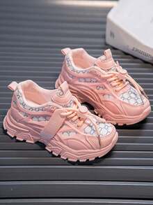 儿童字母图案网眼厚底运动鞋 - 透气运动鞋，配有可调节抽绳 - 粉色 - 查看 4