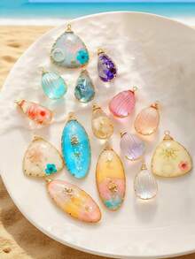 1件波西米亚风彩色树脂贝壳干花吊坠项链，优雅不对称水滴形树脂项链，适合日常、假日、节日佩戴，生日及节日礼物 - 彩色 - 查看 4