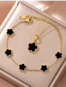 Bộ trang sức hình cỏ bốn lá may mắn thanh lịch - Mạ vàng 18K, khảm nhựa, vòng tay và dây chuyền mặt hoa bằng thép không gỉ 304L, món quà lý tưởng cho các cô gái và bạn bè, phụ kiện thời trang cho mọi dịp. - Bộ vòng tay và mặt dây chuyền hoa - Xem 2
