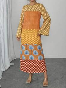 一件女士几何印花圆领喇叭袖长袖直筒长袍，休闲绿色连衣裙，优雅阿拉伯风格连衣裙，奢华派对礼服，宽松阿巴雅长袍度假装 - 橘色 - 查看 10