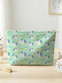 1pc Cartoon Horse Print Large Capacity Lightweight Versatile Cosmetic Bag, Corduroy Toiletry Makeup Bag For Lipstick, Brushes, Skincare, Phone, Coins, Small Items, Suitable For Home, Gift, Vacation, Holiday, Multifunctional Pouch For Teenagers, School, Back To School Supplies, Makeup And Toiletry Storage, Dorm Room Organizer - Multicolor - View 9