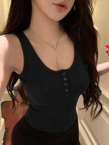 Áo tank top hai dây gợi cảm, kiểu Hàn Quốc đa năng, cổ chữ U, chất liệu dệt kim gân, không tay. - màu đen - Xem 4