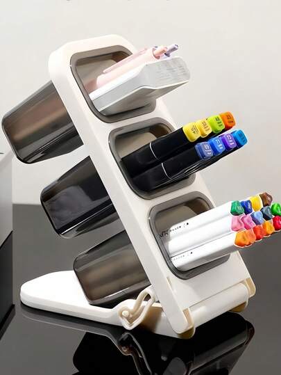 Multi-Functional 3-Slot Pen Holder, Space-Saving Desk Organizer, Versatile Storage Caddy For Pens, Markers And Brushes, White & Brown Desktop Organizer For Home And OfficeStorage Box Inside The Multi-Functional Storage Bag