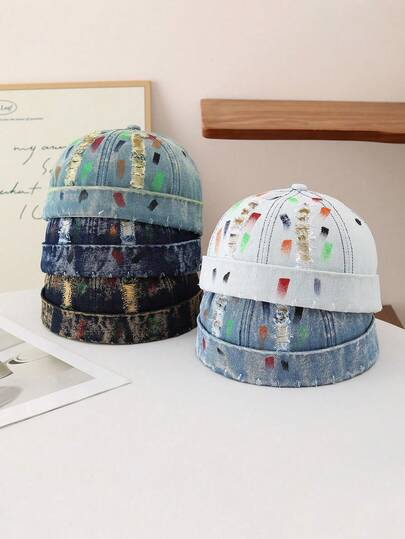 1pc Men Docker Cap Without Visor Adjustable Frayed Brimless Caps Letter Adjustable Beanie Hat Vintage Style Hip Hop