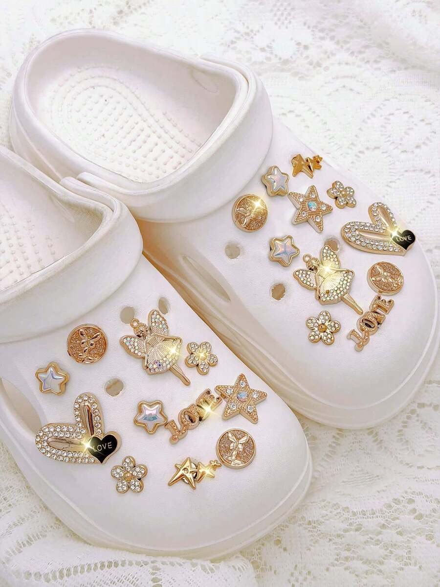 22颗金色水钻心形、花朵、五角星ABS树脂鞋饰,鞋子装饰DIY配件 - 趣味百搭的个性化鞋饰,节日、派对和特殊场合的完美礼物 - 金色 - 查看 1