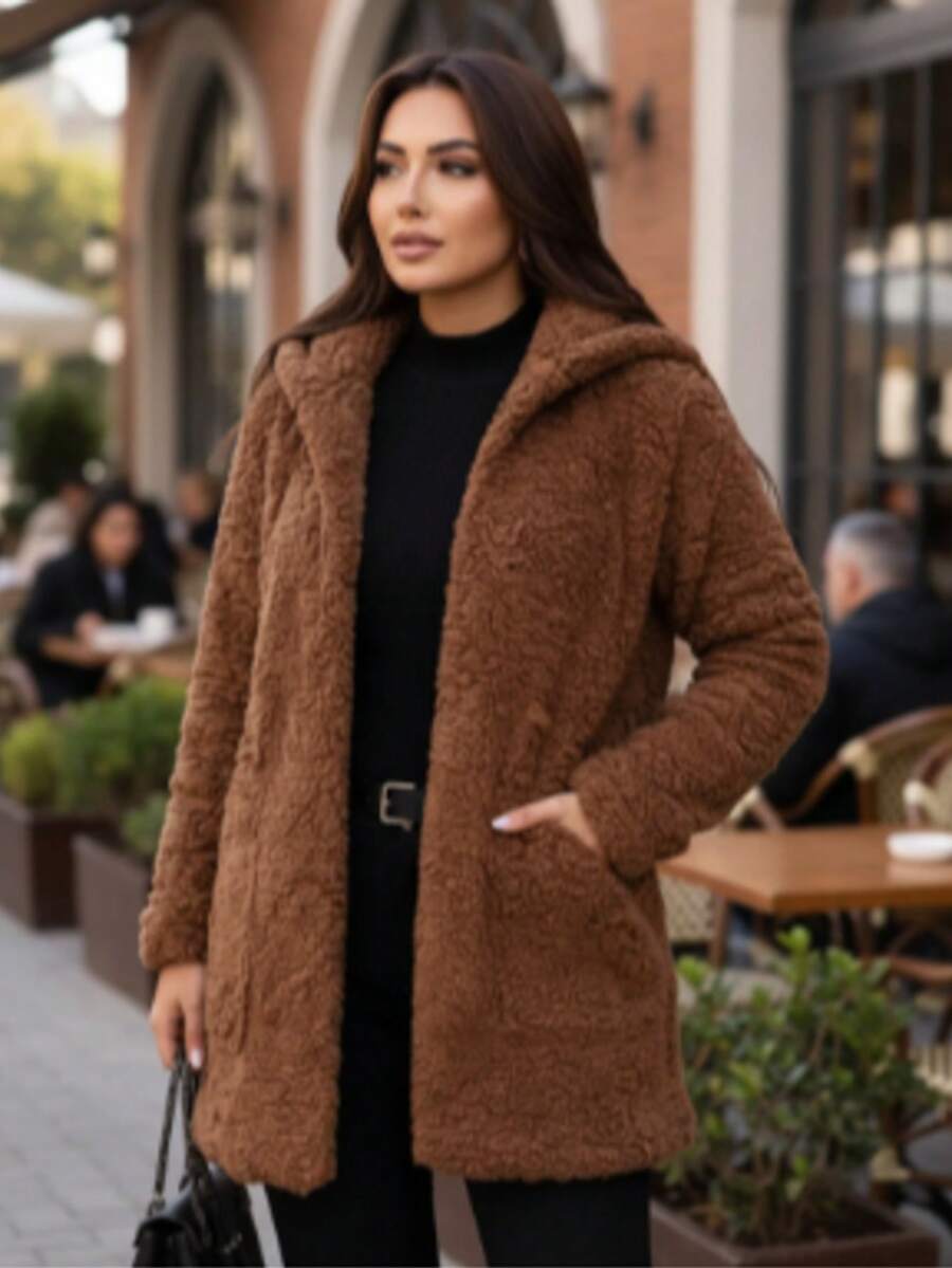 Women's Long Teddy Coat With Faux Fur, Hood, And Lined Pocket - 棕色 - 查看 1