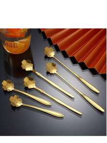 1/3/5/10/20件不锈钢叶子图案勺子，创意金色咖啡搅拌勺，多功能蛋糕甜点日用勺，学校用品 - 5pcs櫻花勺 - 查看 7