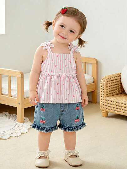 1pc Baby Girls' Outdoor Sweet Birthday Gift, Woven Fabric Digital Printing, Loose Regular Length Sleeveless Dress With Bow Tie, Denim 3D Embroidery, Relaxed Ruffle Hem Shorts, Spring/Summer