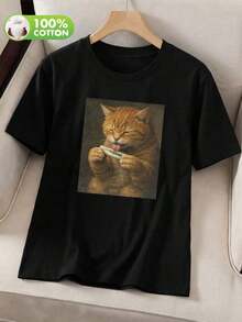 2026.tops.T-shirt pour femmes avec imprimé de chat amusant, design mignon et unique, humoristique et accrocheur, style urbain, 100% coton, col rond, manches courtes, vêtement décontracté grande taille, t-shirt rétro, haut noir printemps/été - Noir - Voir 4
