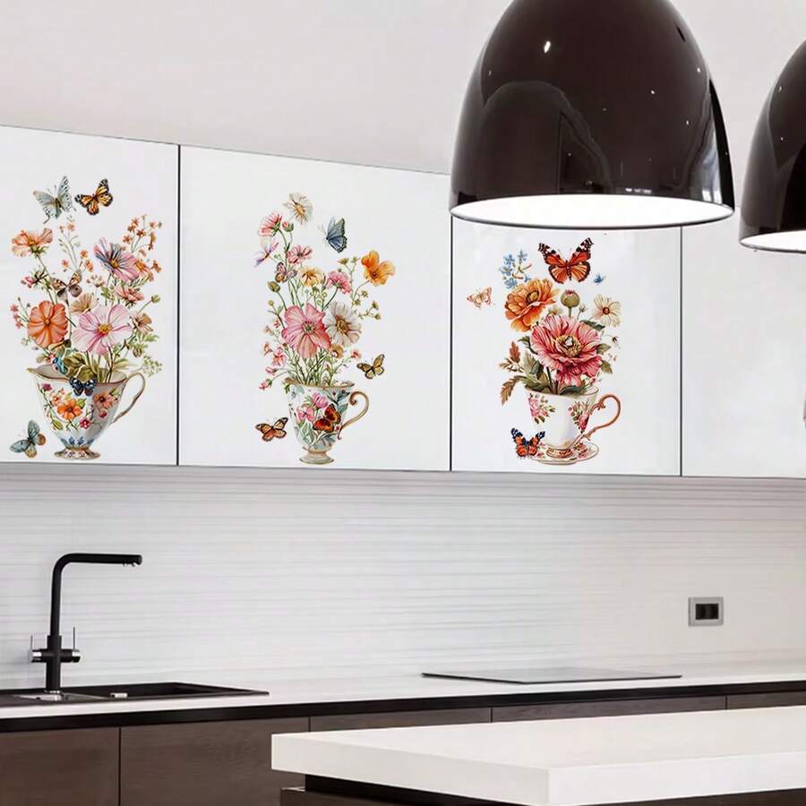 1pc Fresh Flower & Butterfly Cabinet Sticker, French Style Self-Adhesive, Suitable For Kitchen Cabinet, Wall Decor - Multicolor - View 1