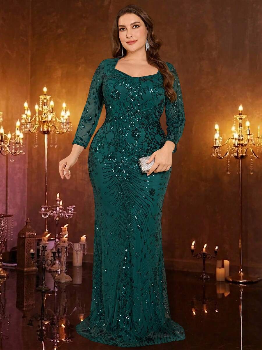 BluePlum Frühling/Sommer Große Größen Herz-Ausschnitt Premium Elastisch Pailletten Stickerei Super Eng Langarm 3D Design Meerjungfrau Saum Slim Fit Abendkleid Cocktail Party Hochzeit Jahrestag Feier Familie Formelles Abendessen Luxus Braut Mutter Kleid Abschlussfeier Gast Ballkleid - Dunkelgrün - Übersicht 1