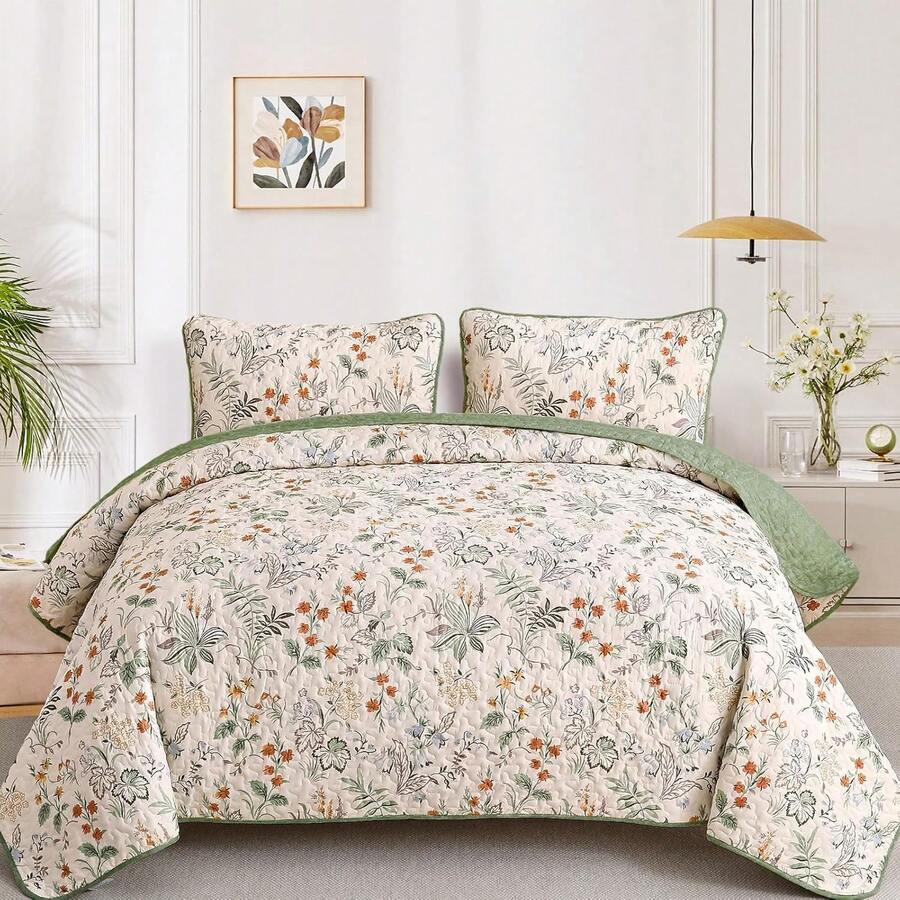 3 Pieces Green Quilt Set Queen King Size, Botanical Reversible Bedspread Soft Microfiber Lightweight King Size Coverlet, Suitable For Wedding Items, Valentines Day Home Bed Room Decor, Mothers Day Gift, All Season - 可逆綠 - 查看 1
