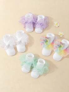 4 Pairs Girls Sweet Cute Solid White Ankle Socks With Ruffle Lace Trim, Candy Color Lace Decoration, Vacation Style Versatile Short Socks - Multicolor - View 10
