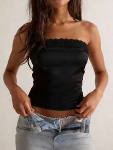 Women Summer Crop Tube Tops Lace Patchwork Off-Shoulder Bandeau Backless Shirts For Streetwear - Black - View 3