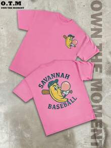 Children's And Youth's T-Shirts Savannah Baseball Banana Player Bat Casual Short-Sleeve Top, Interesting Ball Design, Sporty Style, Fashionable Graffiti, 180 Grams, 100% Cotton - 粉色 - 查看 1
