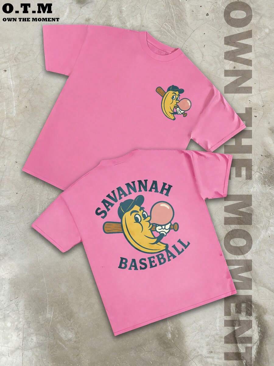 Children's And Youth's T-Shirts Savannah Baseball Banana Player Bat Casual Short-Sleeve Top, Interesting Ball Design, Sporty Style, Fashionable Graffiti, 180 Grams, 100% Cotton - 粉色 - 查看 1
