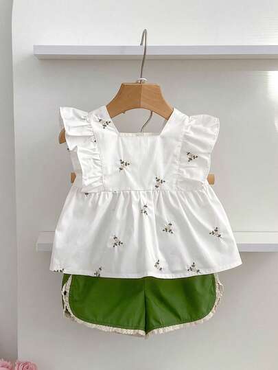 2pcs Baby Girls' Ditsy Floral Chiffon Blouse And Shorts Set, Summer Korean Style Outfit