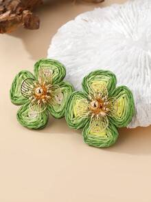 1 Pair Handmade Bohemian Raffia & Metal Hollow Floral Bicolor Earrings, Naturalistic Style Suitable For Beach Vacation, Music Festival, Party, And Daily Wear - Green - View 4