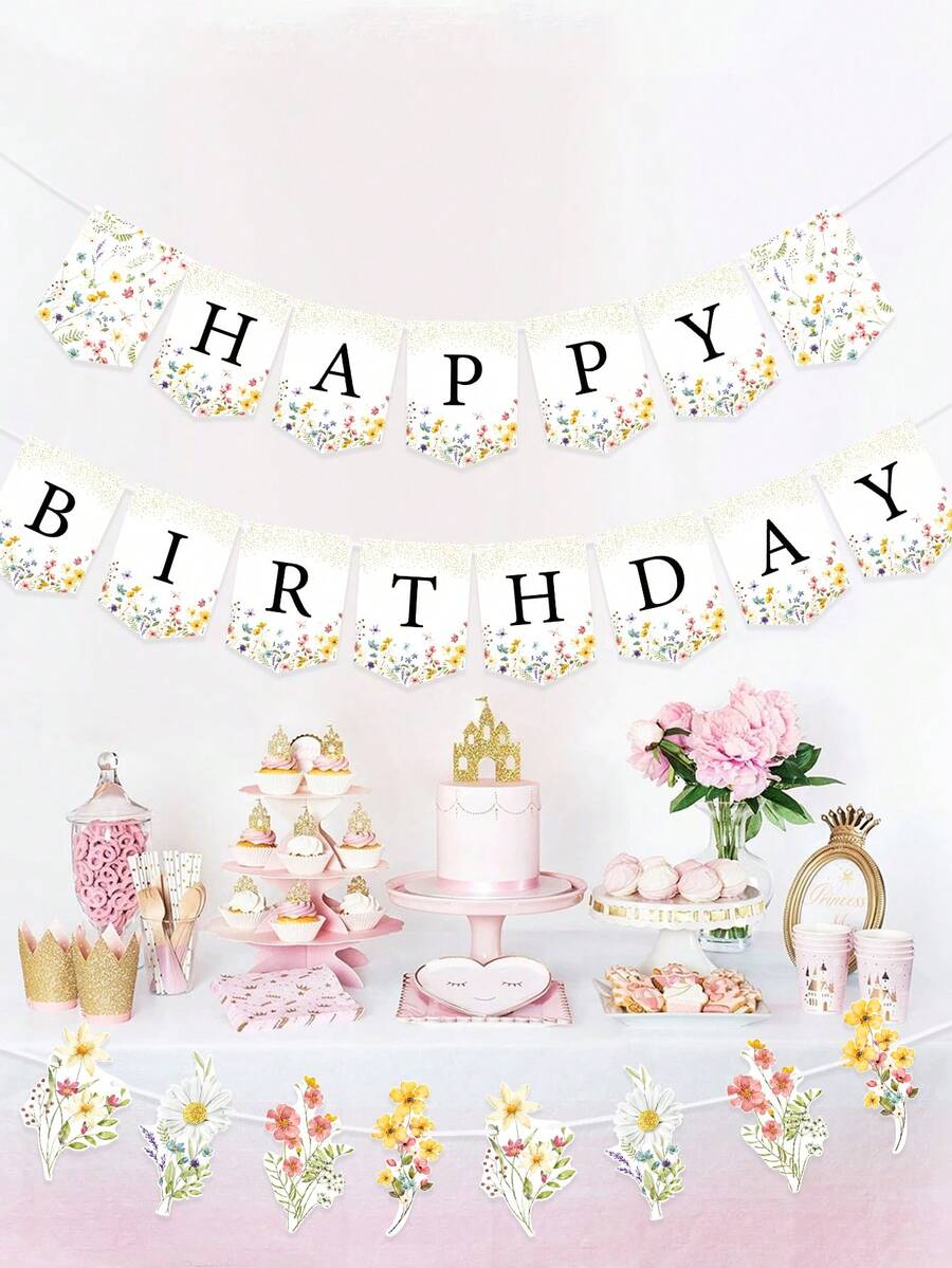 一套花朵蝴蝶生日快乐横幅,波西米亚风花卉蝴蝶生日字母,婴儿派对装饰,性别揭晓派对装饰,野花蝴蝶花园派对装饰,适用于1岁、16岁、21岁、30岁、40岁、50岁、60岁、70岁生日派对背景装饰,春季节日装饰,花卉派对装饰,一周岁生日派对用品,婴儿派对用品 - 野花 - 查看 1