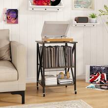 GOFLAME Record Player Stand With Vinyl Storage & Divider, Mid-Century Modern Turntable Stand With Display Shelf, Metal Frame End Table For Living Room - Light Grey - View 1