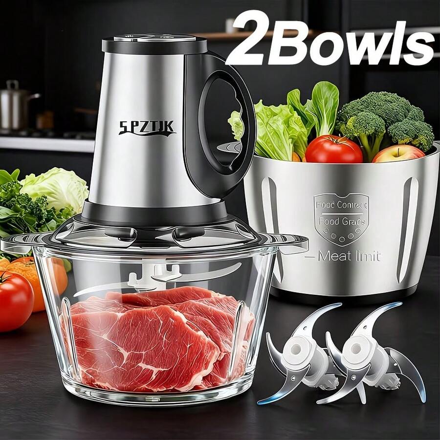 SPZTJK Food Processor With 2 Bowls, 2L Meat Grinder For Baby Food, Meat, Onion, Salads, Nuts, Vegetables Chopper, 2 Speed Food Processor Electric Vegetable Chopper, Garlic Press, Food Chopper, Masher, Stainless Steel Bowl+PC Bowl, Electric Dough Mixer - 查看 1