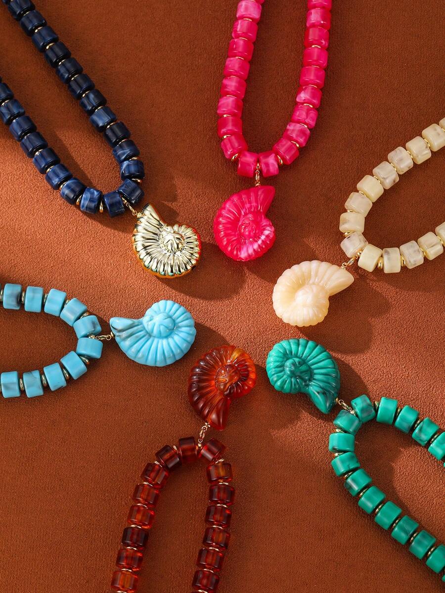2026 Summer Bohemian Style Beaded Seashell Pendant Necklace Set, Chunky Resin Bead Choker Necklace, Suitable For Women Beach Holiday Party Gift - Conch Beaded Necklace - View 1