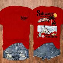 Women's Seashells & Beach Palm Tree Vacation Print T-Shirt, Casual Vacation Women's Short Sleeve Top, Women's Clothing - 紅色 - 查看 1