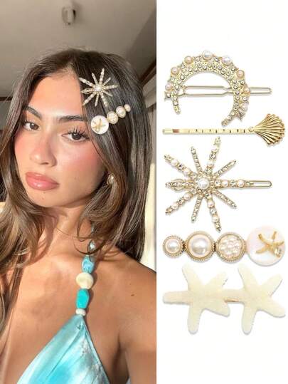 5件套海星发夹、水钻贝壳发夹、珍珠月亮发夹、闪亮水晶星星发夹，沙滩婚礼头饰，美人鱼发饰，适合女性和女孩