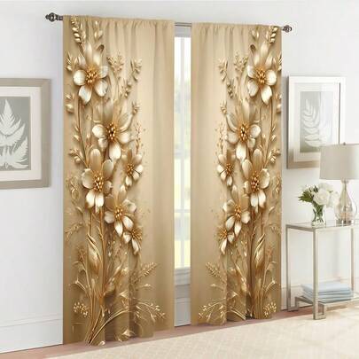 Bộ 2 rèm cửa họa tiết thực vật tông vàng đồng, thiết kế có khe luồn thanh treo, chất liệu polyester, kiểu dáng cổ điển, nhiều kích cỡ, phù hợp cho phòng khách, phòng ngủ và phòng ăn, trang trí nội thất.