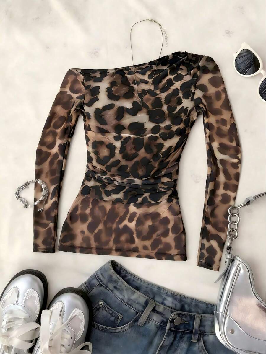Women's Fashionable Casual Vacation Leopard Print Mesh Sheer Open Shoulder Long Sleeve Top Spring - Coffee Brown - View 1