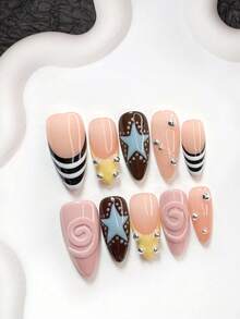 10pcs Elegant Handmade Manicure Set, Including Gel Nail Kit, Hand-Painted Gradient Purple Flower Nail Decor, Hand-Painted Solid Color Water Wave Nail Art, Gradient Purple Nail Polish, Wedding Manicure Set, With Nail Tools (1 Jelly Sticker + 1 Nail File). Provided In 3 Shapes: Almond, Duck Mouth, Coffin - 彩色 - 查看 14