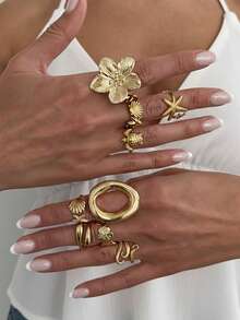 9件套海洋微风星海龟戒指套装 - 采用多层金属花朵形开口戒指设计 - 金色 - 查看 3