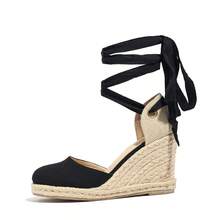 Bohemian Nightclub Style Criss Cross Lace Up Vacation Sandals Women's High-Heeled Wedge Espadrilles 2026 New Summer Lace-Up French Chunky Heel Fisherman Closed Toe Hollow Shoes Black - 黑色 - 查看 8
