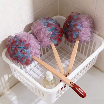 Esponja de baño de color degradado con mango de madera, suave estropajo de ducha con espuma abundante, duradera bola de malla de baño con cuerda colgante, accesorio de limpieza corporal cómodo para el baño