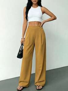女士高腰阔腿裤，休闲弹力腰带纽扣细节长裤，带口袋，宽松舒适，商务休闲两相宜，适合日常休闲和通勤穿着。 - 黃 - 查看 5
