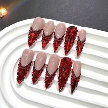 Red Rhinestone French Tip Fake Nails Long Handmade Press On Nails Almond False Nails With 3D Designs Luxury Glue On Nail Full Cover Stick On Nail For Women Manicure 10Pcs (Size M) - 樣式04 - 查看 2
