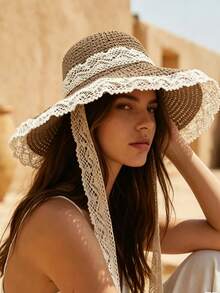 Gorgeous Sun Hat Featuring Windproof Lace Chin Strap And Scalloped Edge Lightweight Straw Hat For  Girls Romantic Beach Hats Perfect For Honeymoon Resort Poolside Lounging Fisherman Hat Cruise Essentials Vacation Essentials Beach Accessories For Women Beach Essentials Travel Essentials For Women - 彩色 - 查看 3