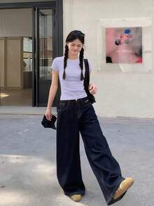 紫色常规肩部短袖T恤，女士夏季圆领修身时尚美式性感休闲上衣 - 紫色 - 查看 5