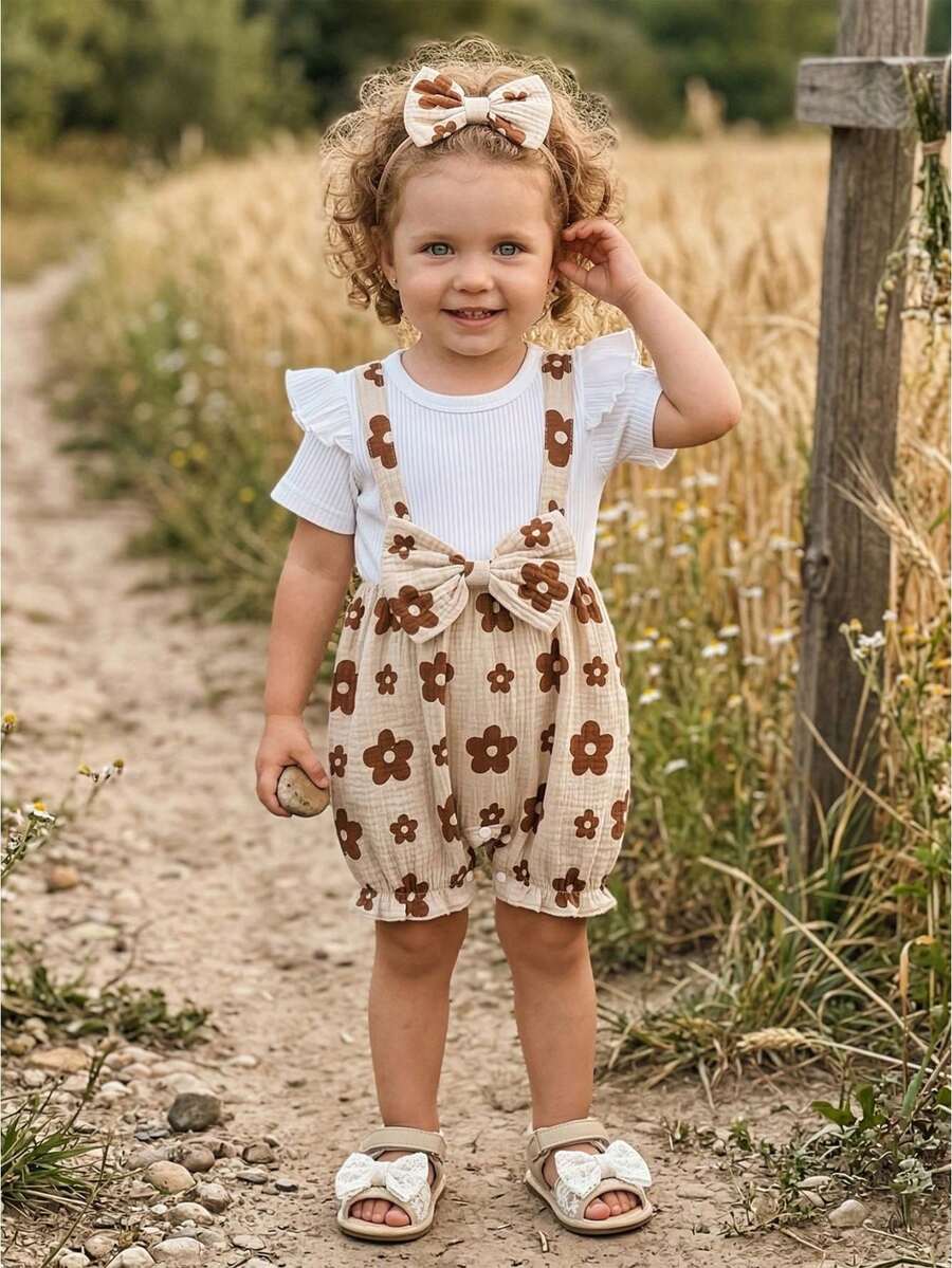 Baby Girl Summer Outfit Summer Clothes Faux Two-Piece Design Flower Print Ruffled Trim Short Sleeve Romper And Bow Headband 2 Pcs Set Waffle Stripe - 杏色 - 查看 1