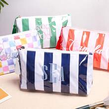 Personalized Embroidered Cosmetic Bag, Custom Waterproof Toiletry Bag, Striped Transparent Makeup Bag, Embroidered Travel Makeup Pouch, Personalized Large Capacity Toiletry Organizer - Multicolor - View 3