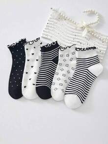 5/10 Pairs Women's Ruffled White & Black Short Socks, Heart Stripe Spot Patterns Elegant Style Ankle Socks, Suitable For All Seasons - Multicolor - View 10