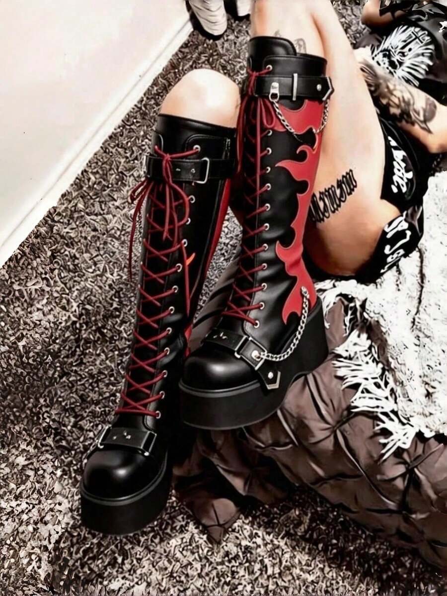 Fashion Round Toe Thick Bottom Wedges Ladies Mid-Calf Boots 2024 Fashion Gothic Lace-Up Punk Casual Spring/Autumn Women's Shoes - 紅色火焰 - 查看 1