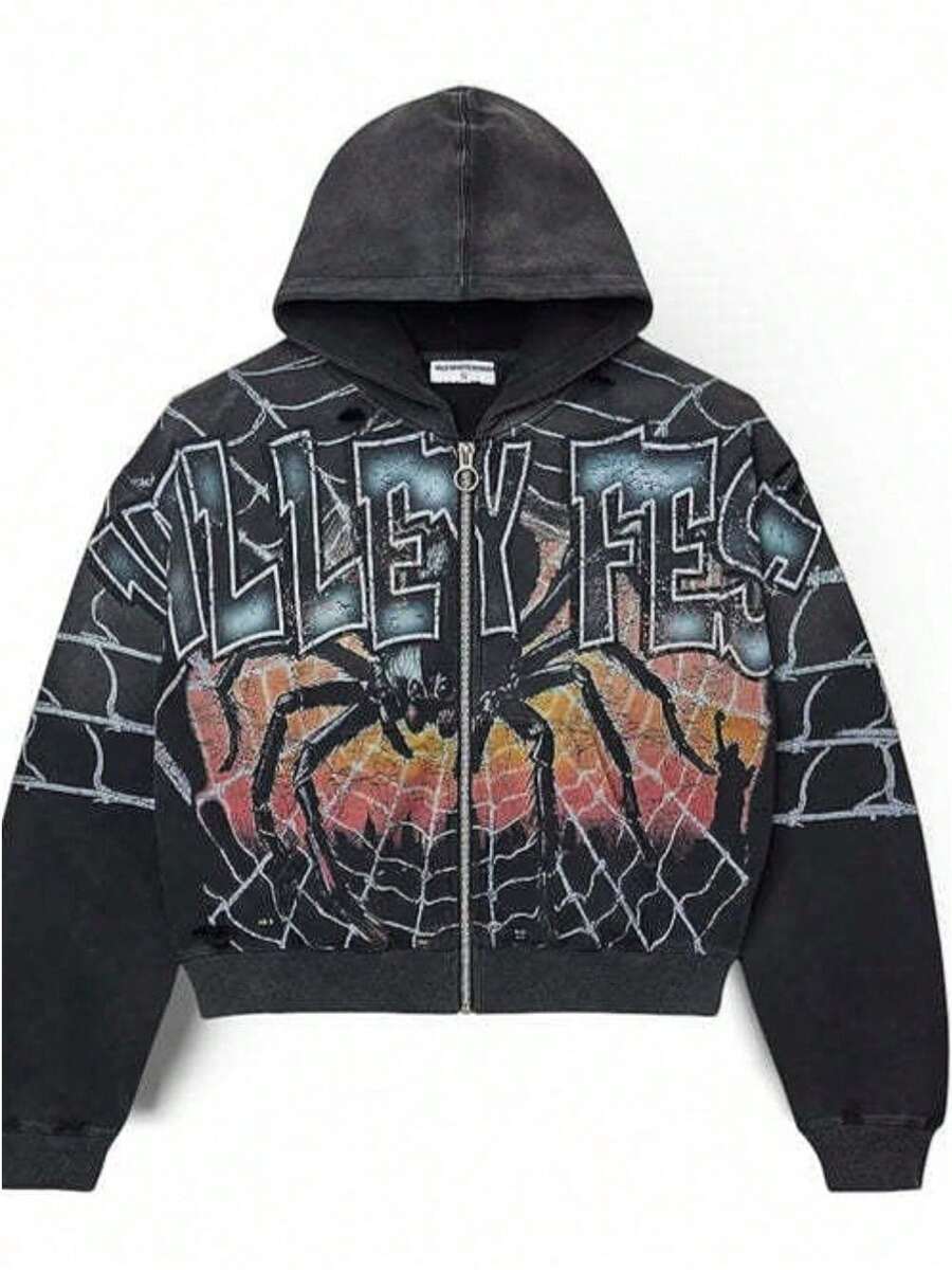 American Graffiti Print Loose Casual Zip-Up Hooded Sweatshirt For Men And Women - IN-1 - 查看 1