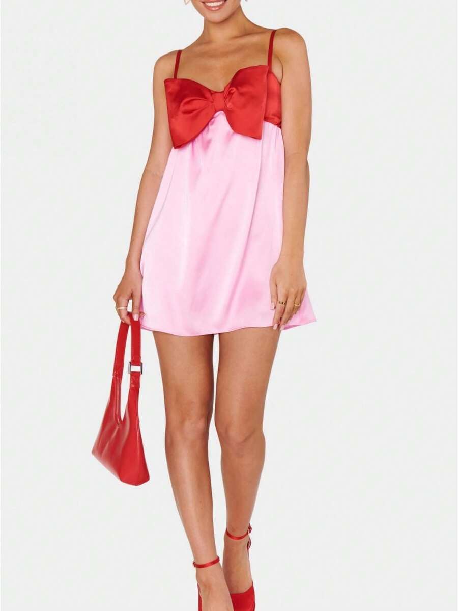 Women's Cami Dress Adjustable Spaghetti Strap Bowknot Decor Front Sweetheart Neck Slip Short Dress Silk Satin High Waist Contrast Color Summer Mini Dress Formal Cocktail Party Prom Dresses - 粉色 - 查看 1