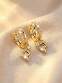 一对镶钻海豚心形耳环，优雅的3D海洋动物耳环，海豚象征着自由、浪漫和好运，适合日常通勤、海滩度假、约会和派对等场合。 - 海豚 - 查看 7