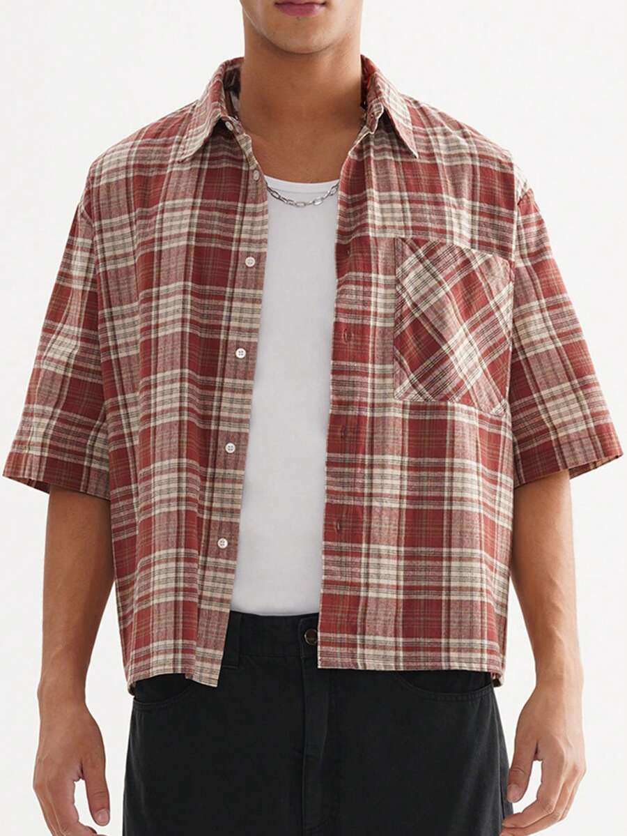 Men's Loose Fit Short Sleeve Plaid Shirt (With Buttons) - Red - View 1