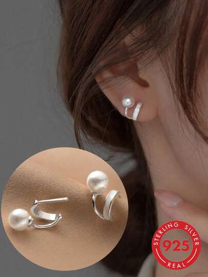 BALMORA 1 Đôi bông tai ngọc trai hình chữ V cong hai lớp bằng bạc Sterling S925 cao cấp, thích hợp cho bé gái/phụ nữ/bạn gái/mẹ, quà tặng dự tiệc/hẹn hò kiểu cổ điển, quà sinh nhật để đeo hàng ngày.