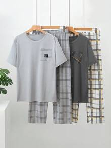 4pcs Men's Summer Lightweight Pajama Set, Short Sleeve Top And Long Pants - Multicolor - View 1