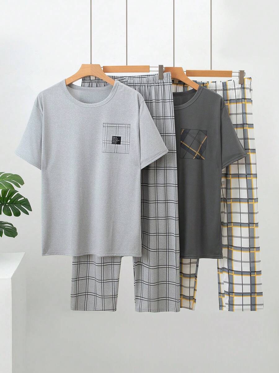 4pcs Men's Summer Lightweight Pajama Set, Short Sleeve Top And Long Pants - Multicolor - View 1